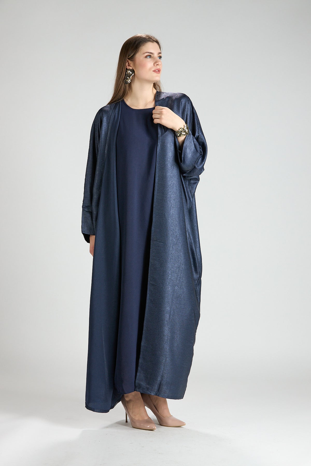 Midnight Silk Navy Shimmer 3-Piece Open Abaya with Inner Dress
