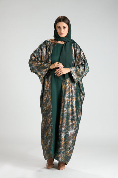 Emerald Mirage Abstract Metallic 3-Piece Open Abaya with Inner Dress