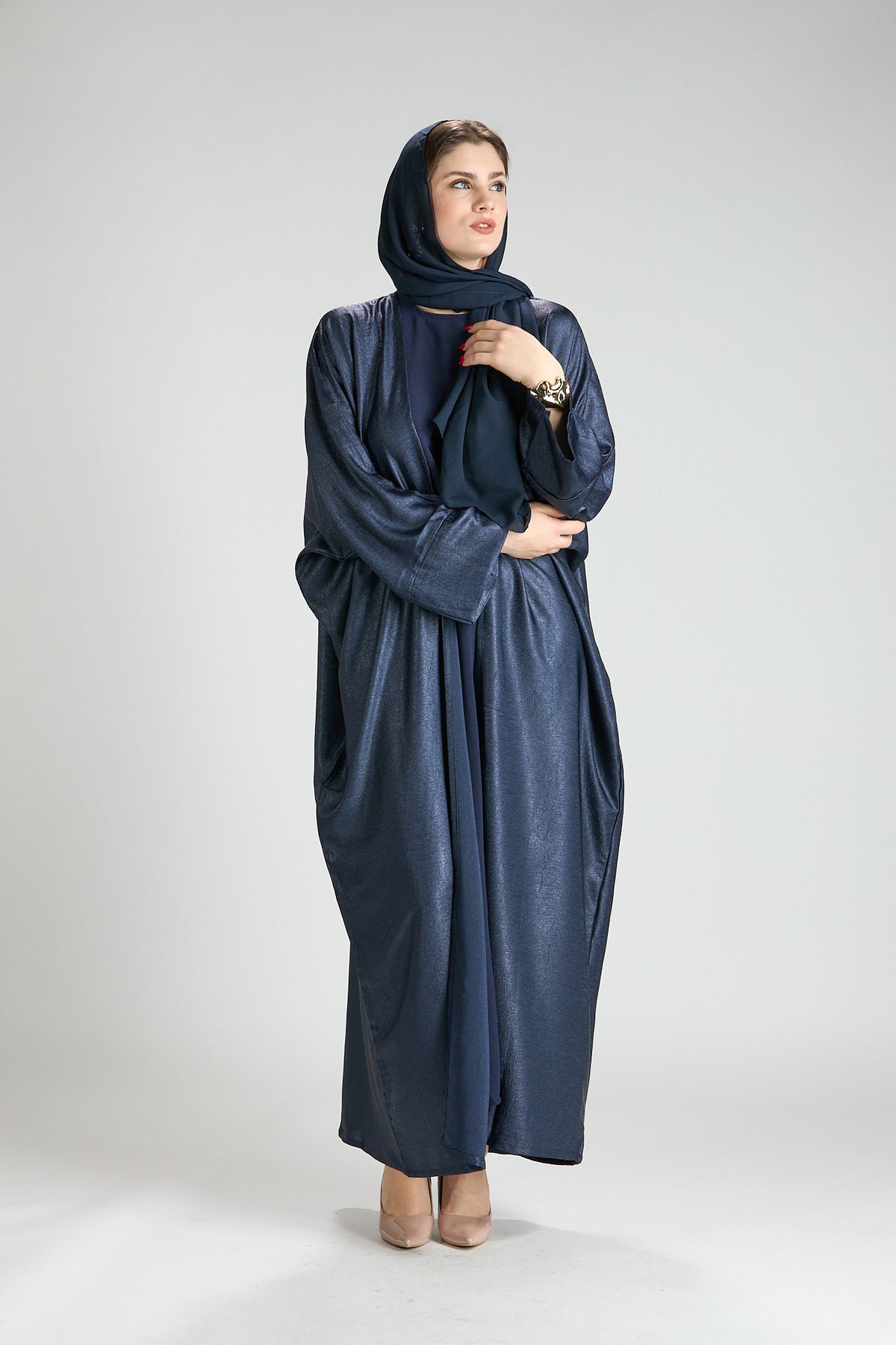 Midnight Silk Navy Shimmer 3-Piece Open Abaya with Inner Dress