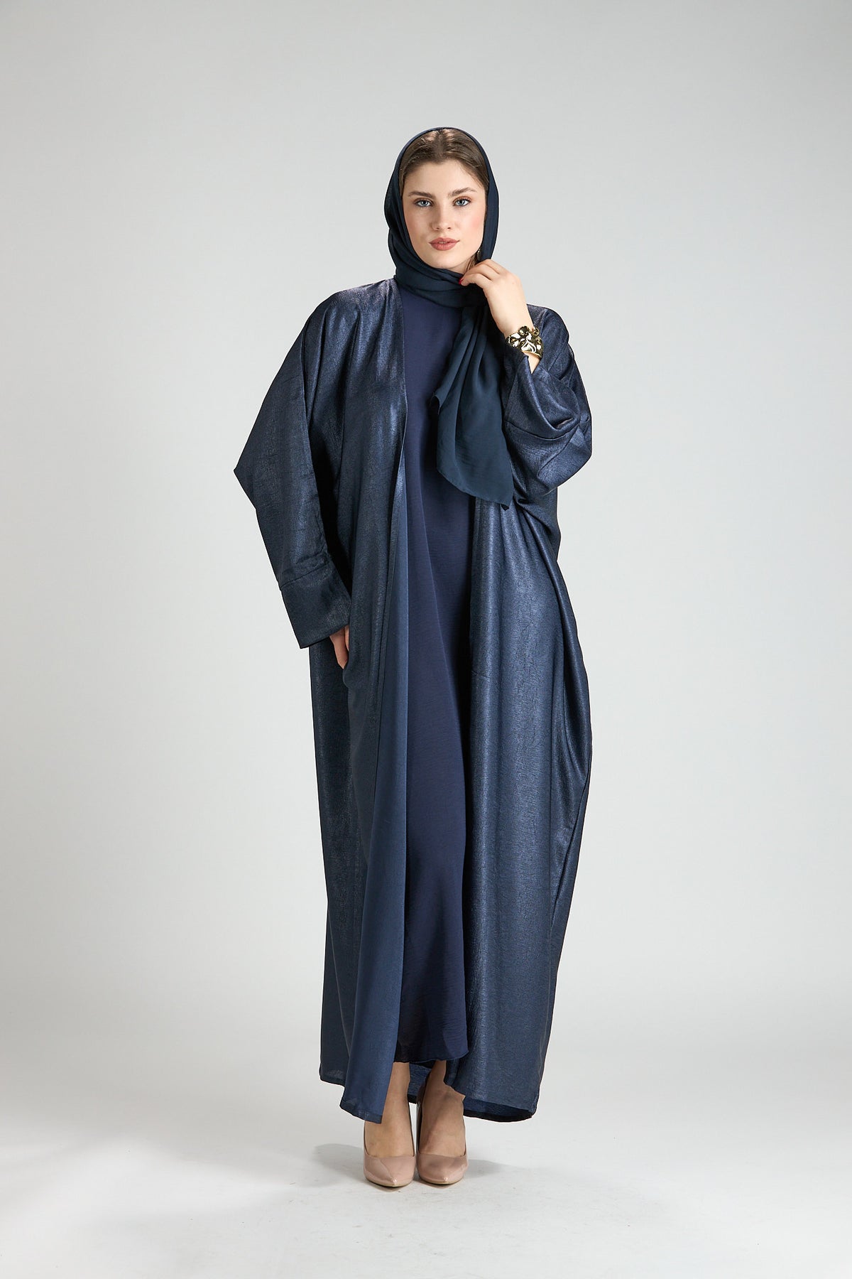 Midnight Silk Navy Shimmer 3-Piece Open Abaya with Inner Dress