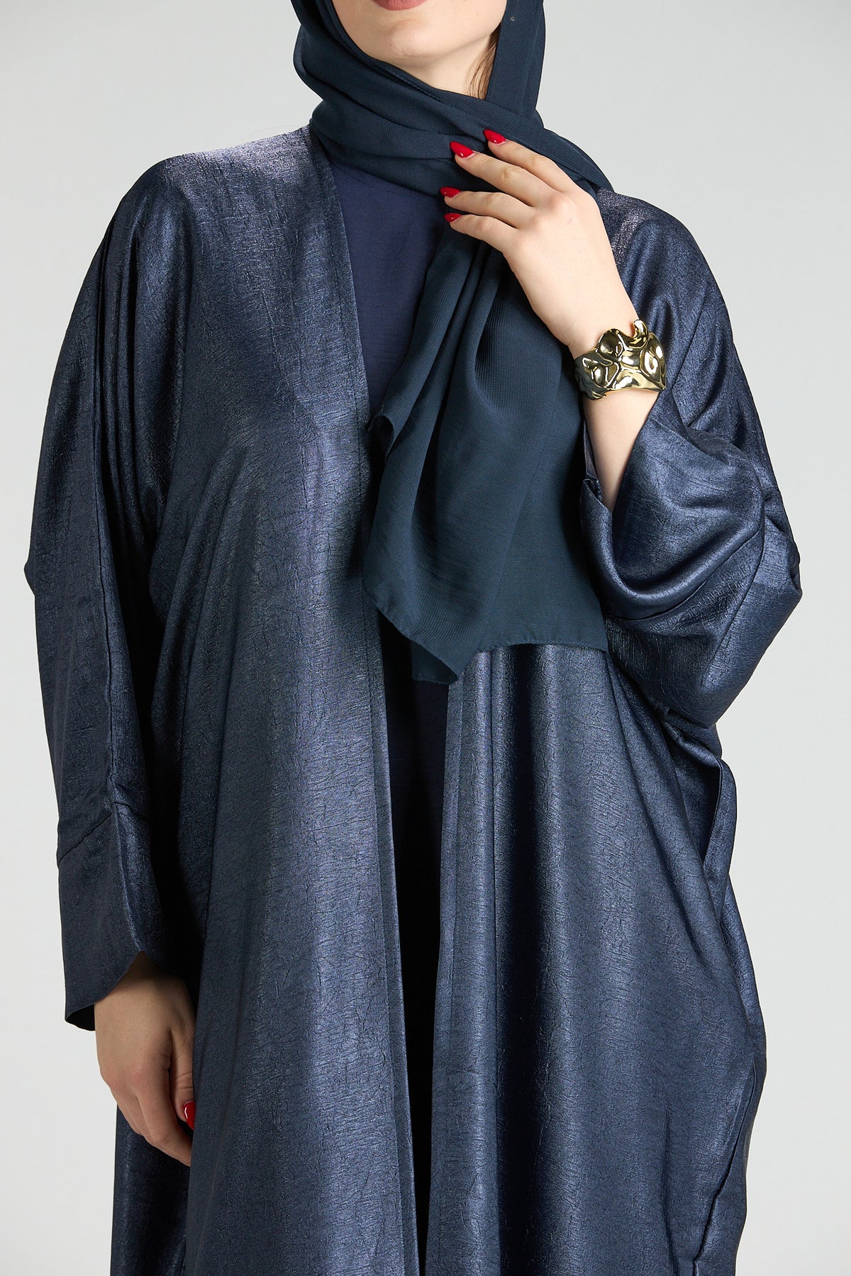 Midnight Silk Navy Shimmer 3-Piece Open Abaya with Inner Dress