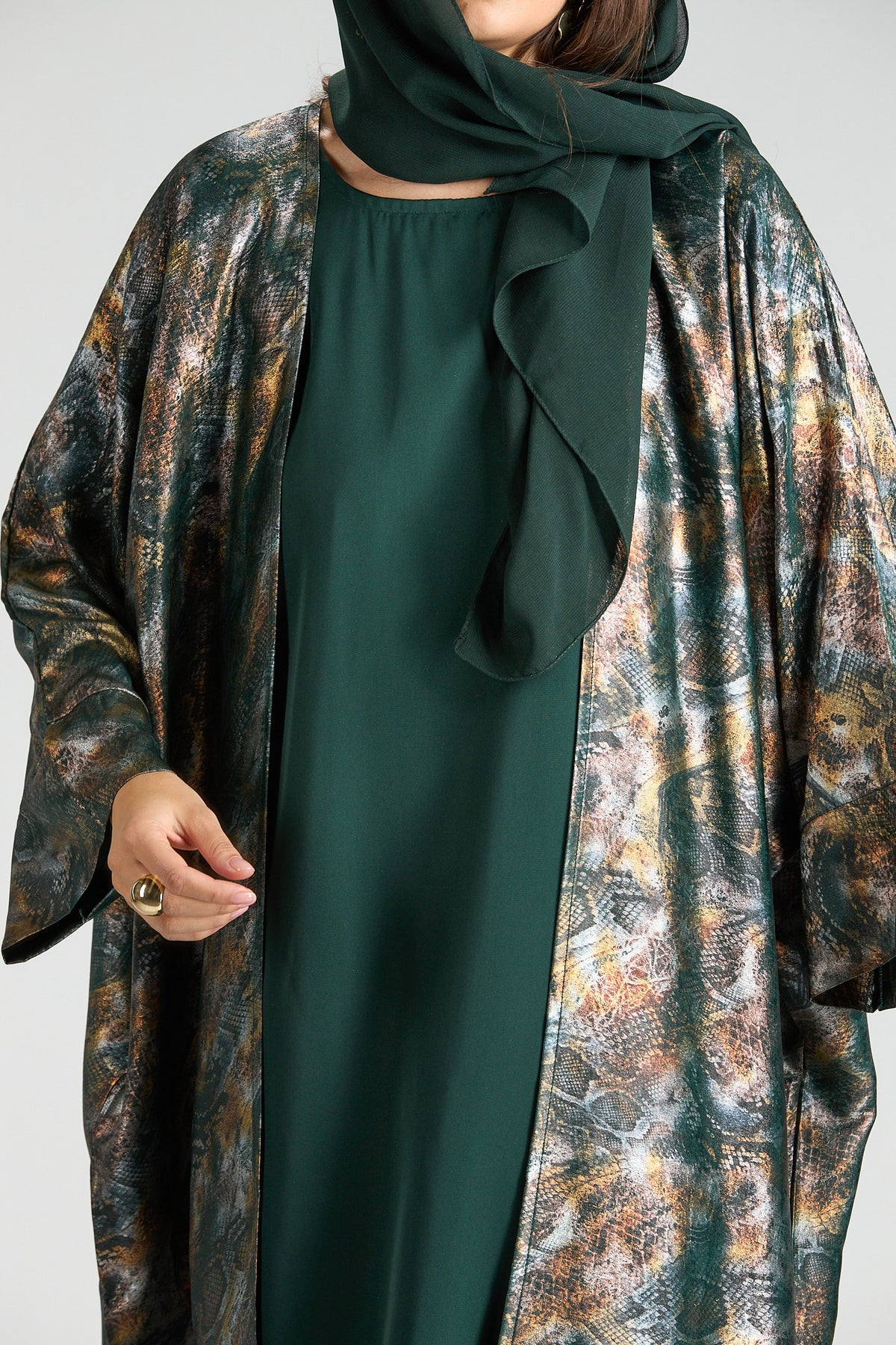 Emerald Mirage Abstract Metallic 3-Piece Open Abaya with Inner Dress