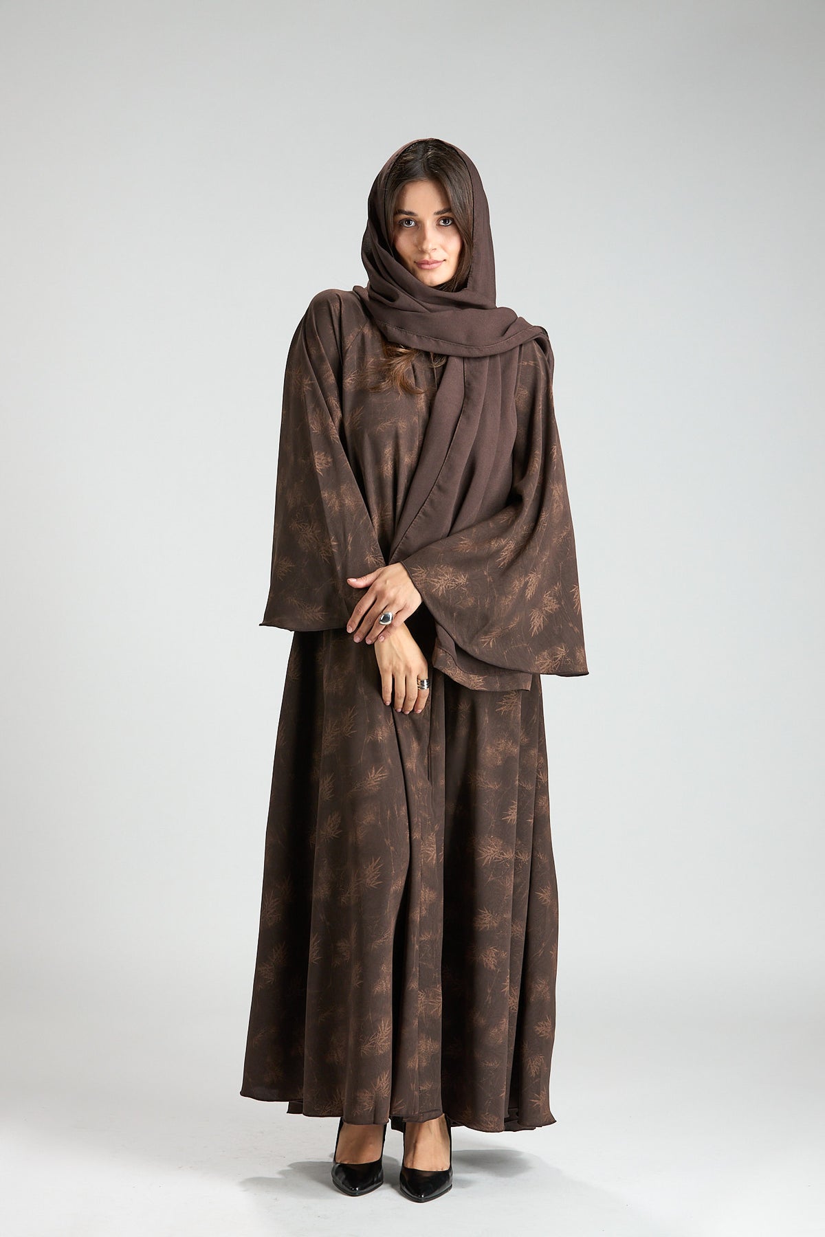 Serenity Brown Botanical Print Abaya with Sheila