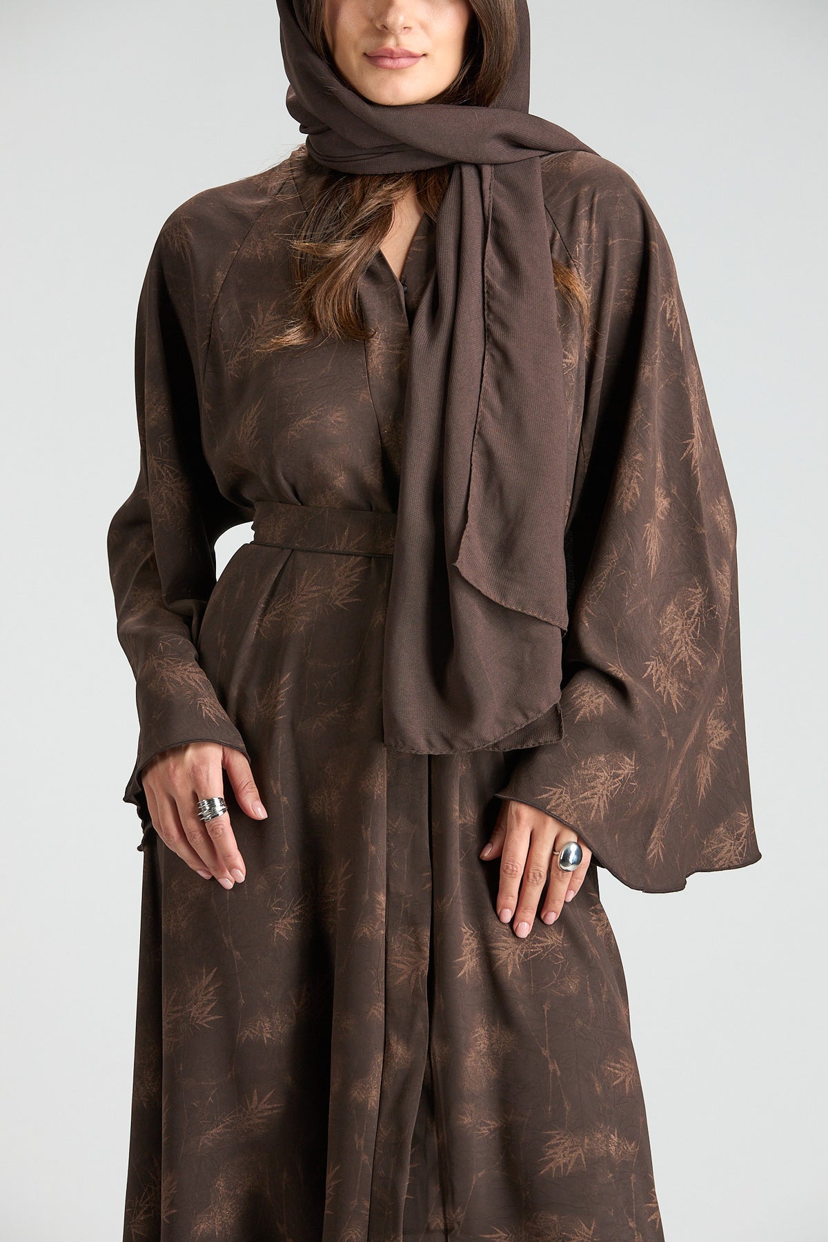 Serenity Brown Botanical Print Abaya with Sheila