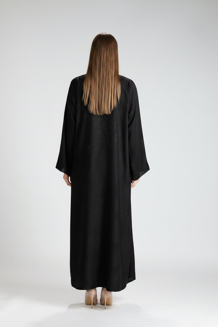 Sukoon Black Jacquard 3-Piece Open Abaya