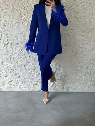 BLUE FEATHER SLEEVE TWO PIECE SUIT