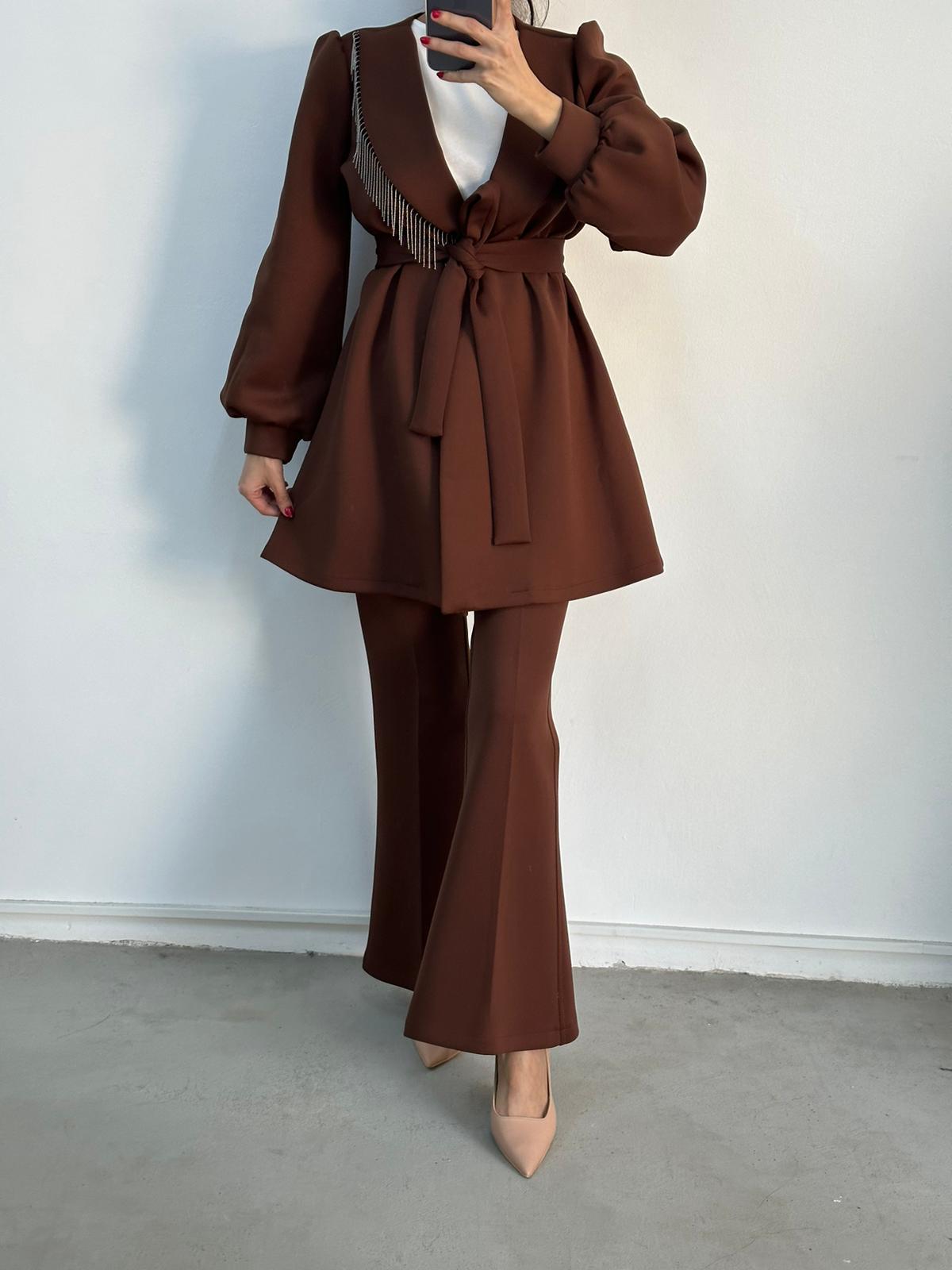 BROWN BEADED COLLAR W TIE WAIST TWO PIECE SUIT