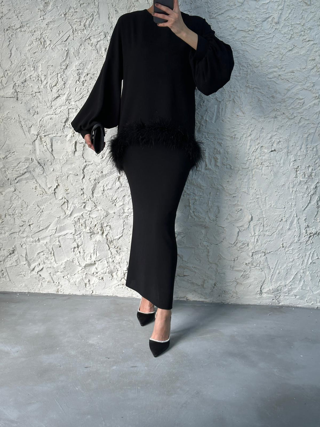 Black Feathered Waist Two Piece