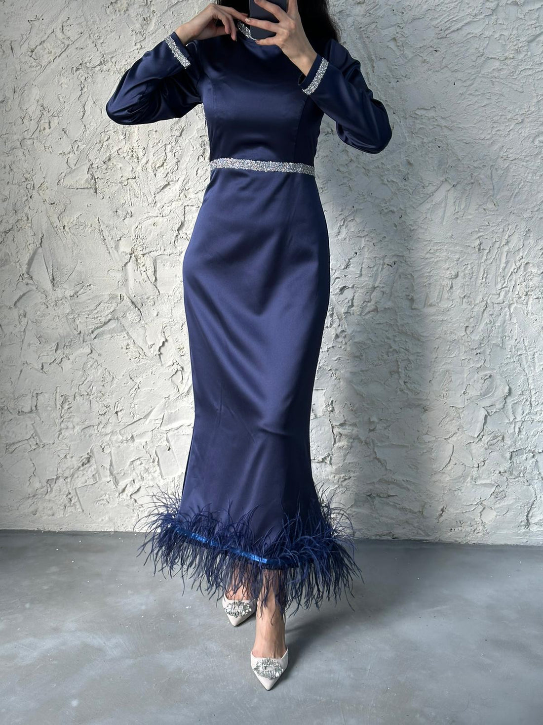 Blue Feathered Hem Dress